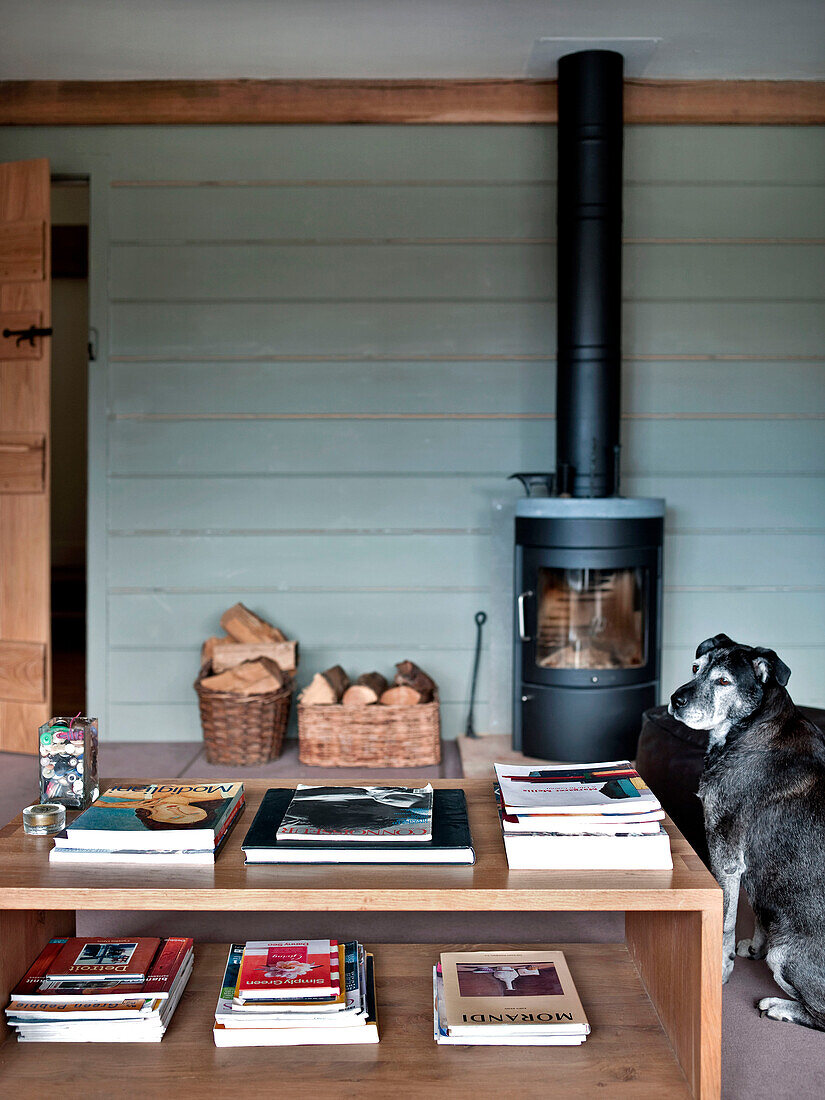 Hund sitzt neben einem Couchtisch mit Holzofen und Brennholz in einem Haus in Suffolk England UK