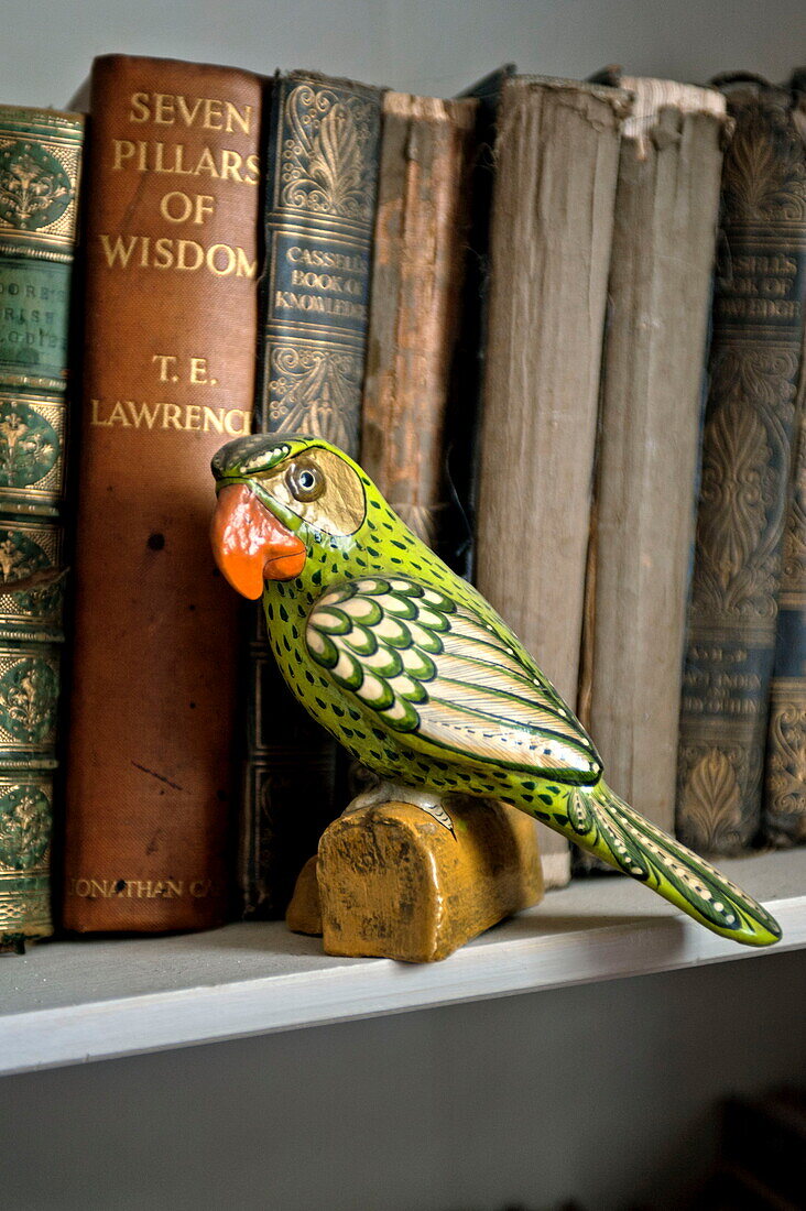 Bemalter Papagei und gebundene Bücher auf einem Regal in einem Bauernhaus in Suffolk, England, Vereinigtes Königreich