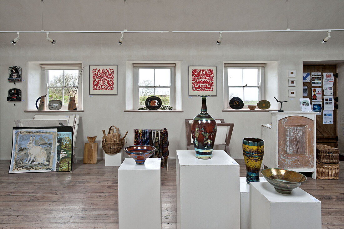 Collection of artwork and ceramics in gallery space, Cornwall, England, UK