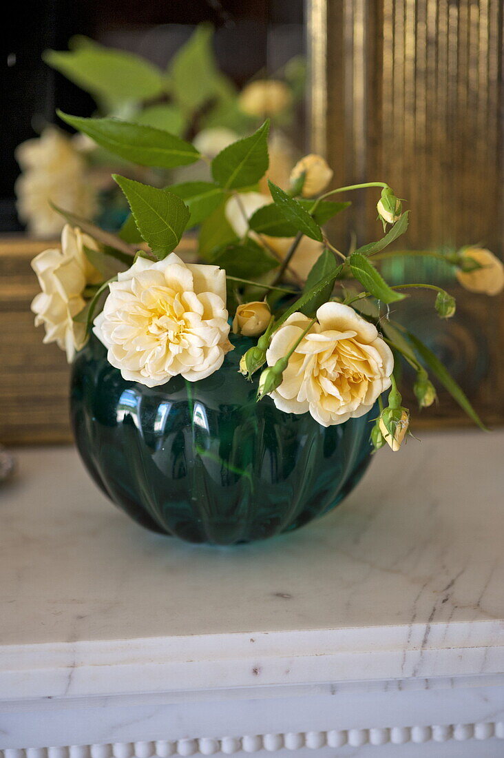 Cut yellow flowers in green vase in contemporary Suffolk country house, England, UK