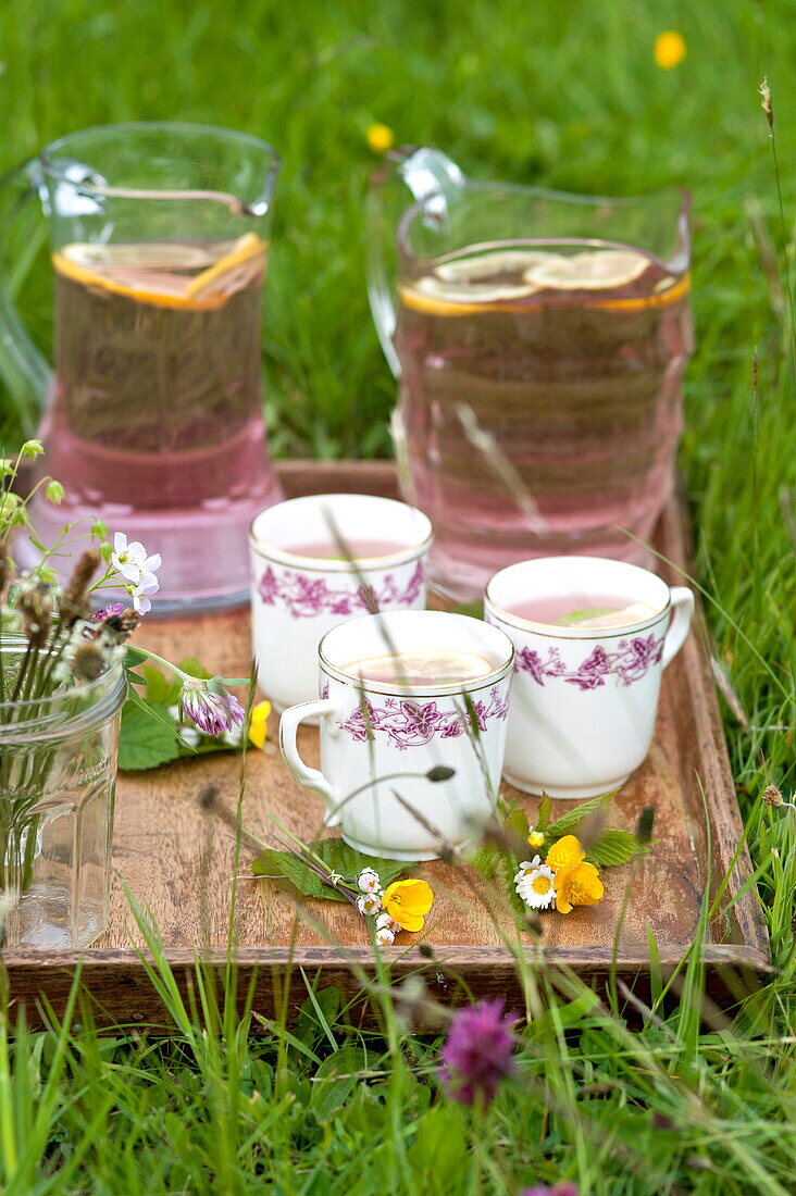Tablett mit Tassen, rosa Limonade und Blumen in Brecon, Powys, Wales, UK