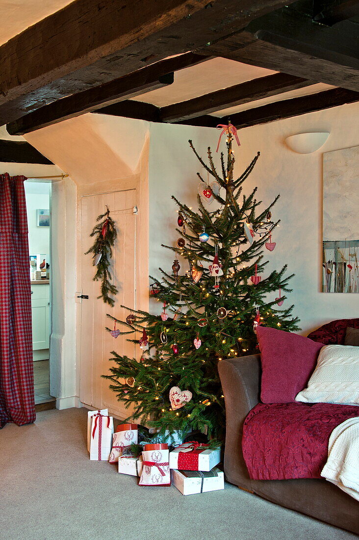 Christmas tree in beamed living room of Shropshire cottage, England, UK