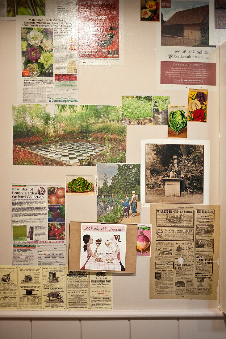 Gardening ideas on pinboard in Blagdon home, Somerset, England, UK