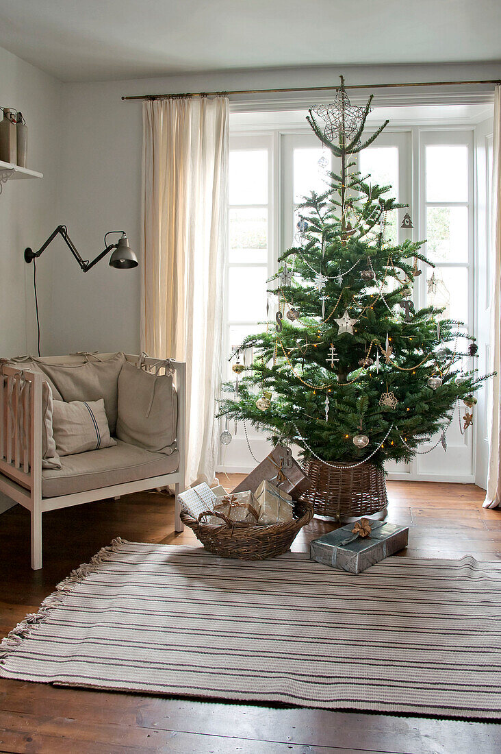 Christmas tree with armchair in living room of Crantock home Cornwall England UK