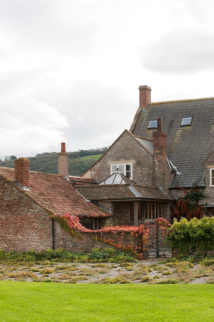 Walled farmhouse exterior in Blagdon, Somerset, England, UK