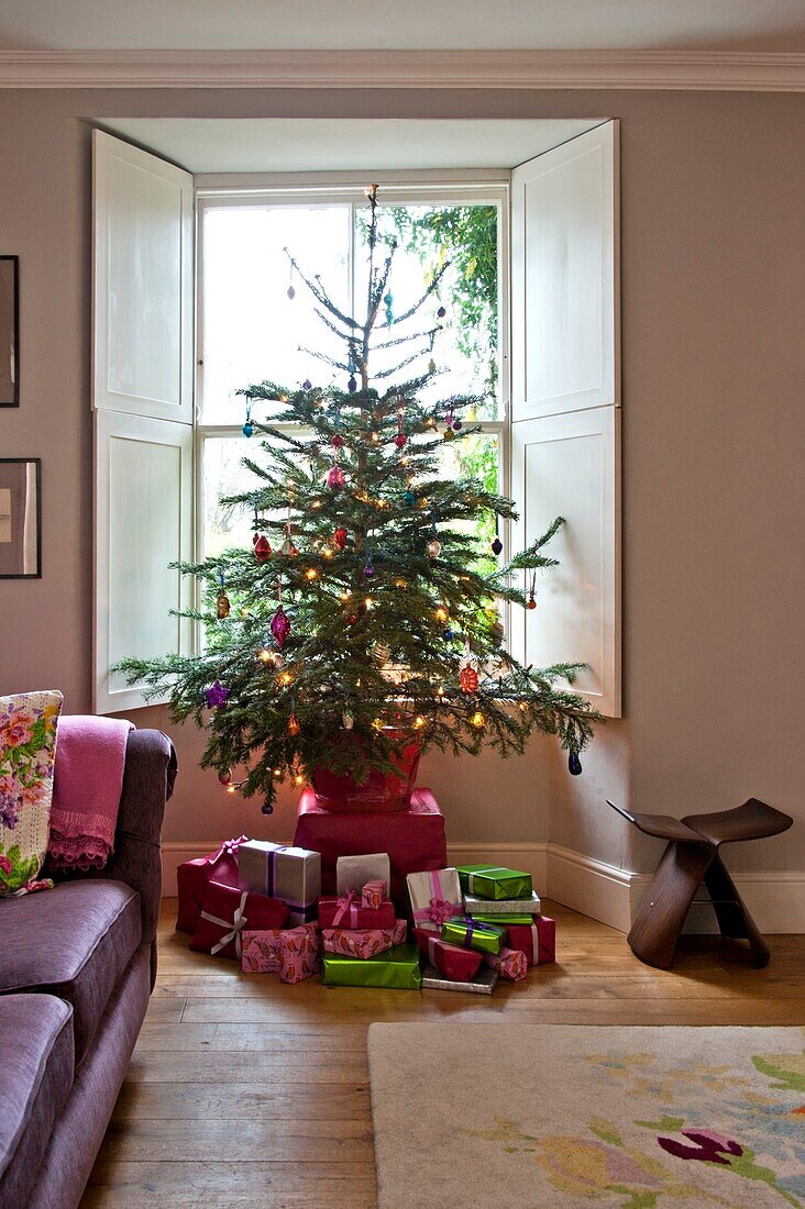 Weihnachtsbaum im Fenster des Familienhauses in Penzance, Cornwall, England, Vereinigtes Königreich