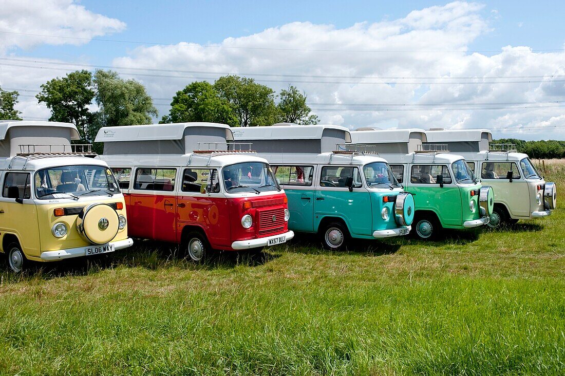 Assorted campervans parked in a field Edworth Bedfordshire England UK