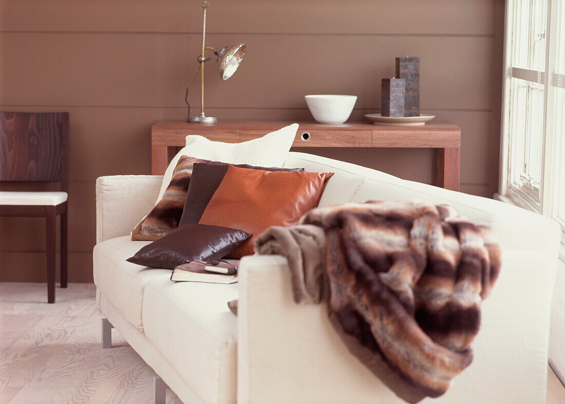 Brown and white sitting room 