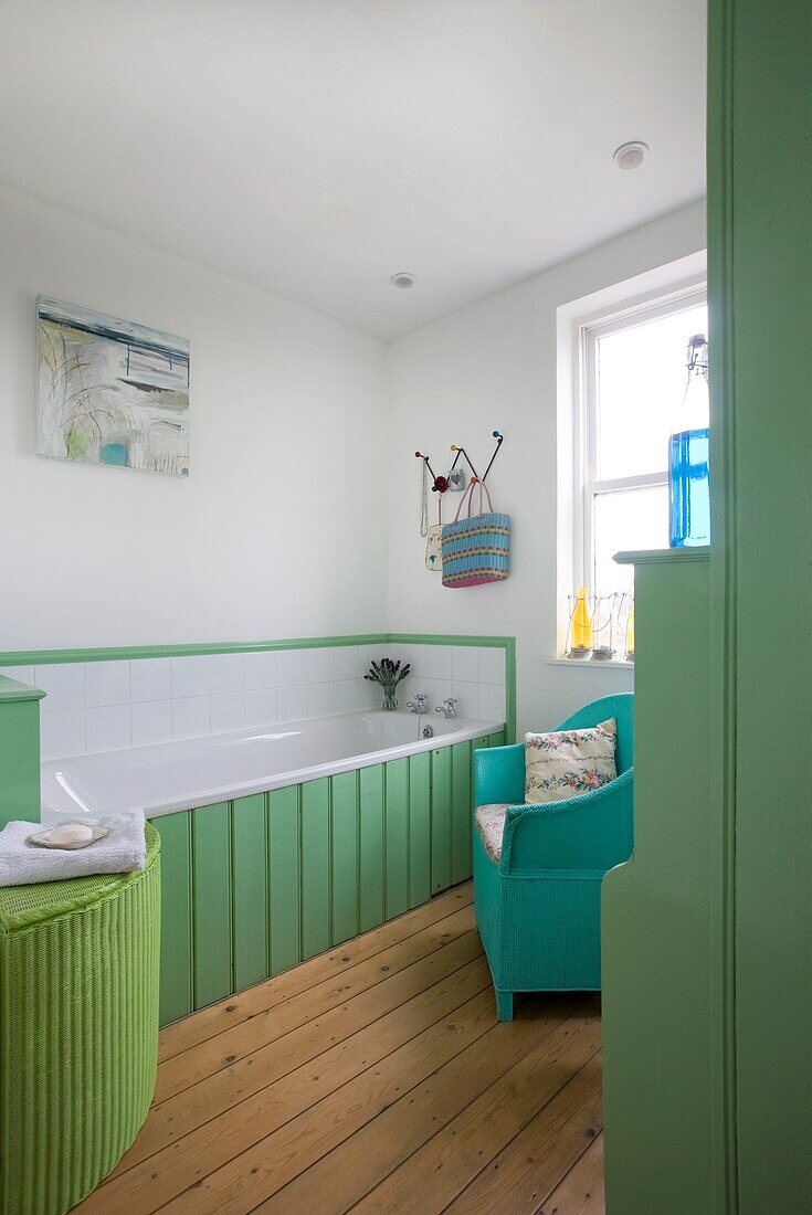 Panelled bathroom in shades of green, Tenterden, Kent, England, UK