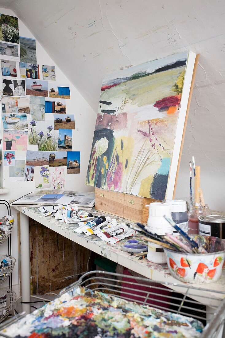 Artists studio with acrylic canvas and postcards in Tenterden, Kent, England, UK