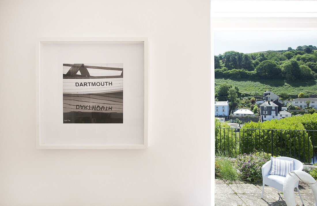 Black and white photographic print with view of rural hillside in Dartmouth, Devon, UK