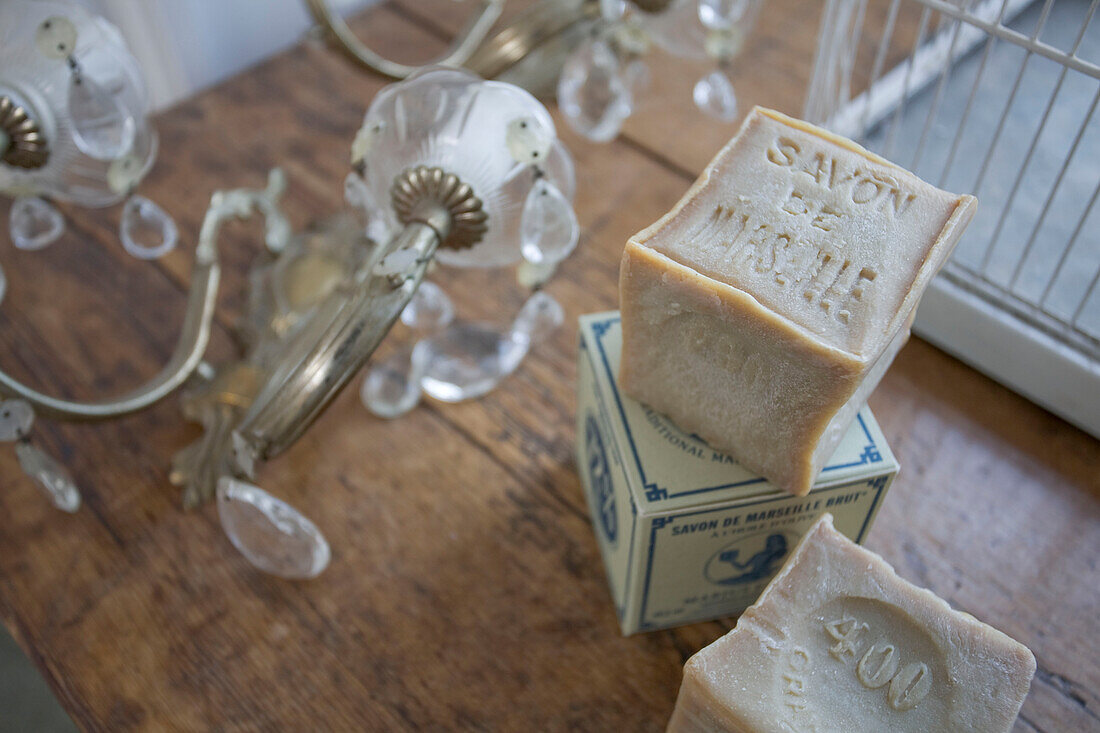 Cubes of soap on wooden table in Tenterden home, Kent, England, UK