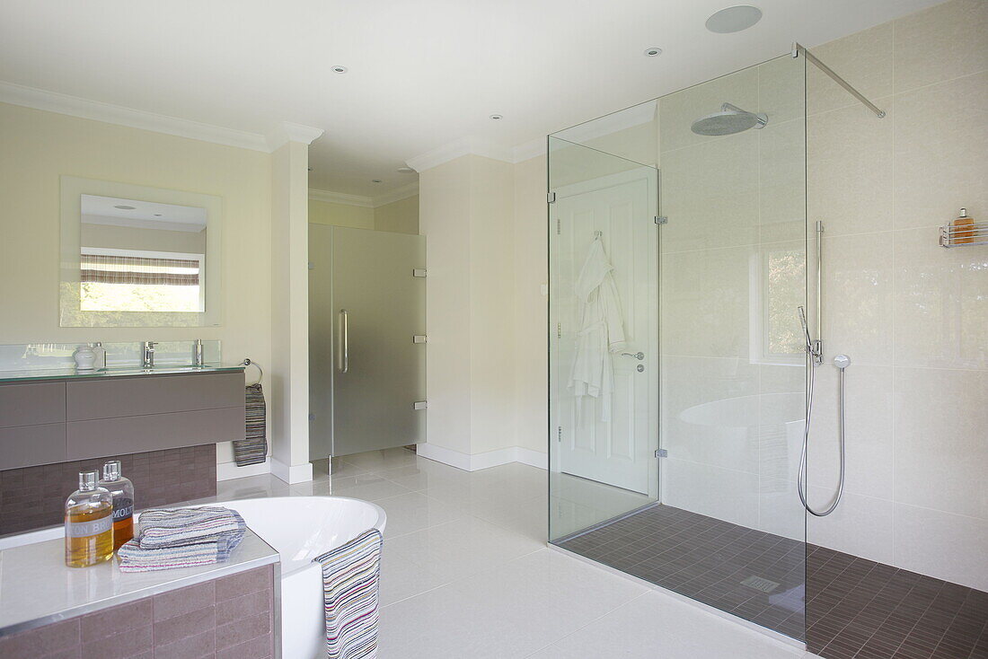 Spacious bathroom in contemporary farmhouse, Nuthurst, West Sussex, England, UK