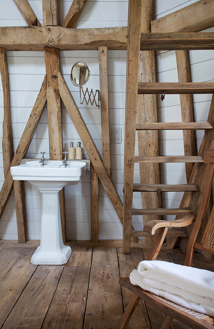 Pedestal basin and ladder in Grade ll listed windmill conversion Kent UK