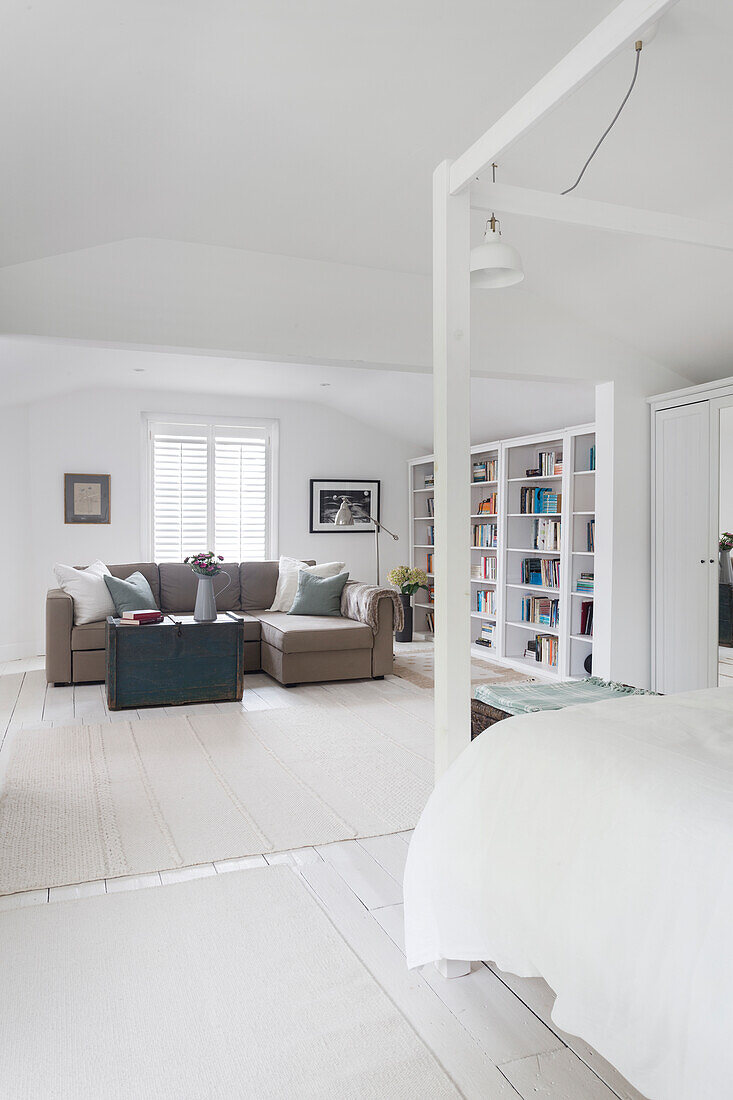 Seating area in spacious all white Southsea bedroom UK