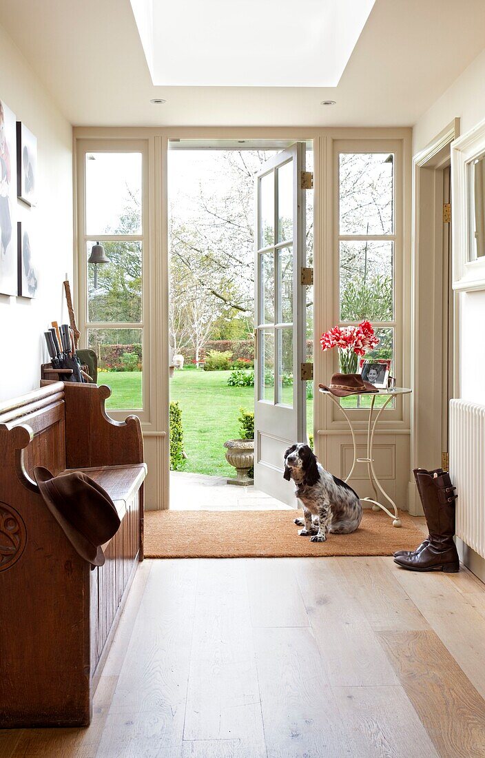Hund sitzt an der offenen Hintertür zum Garten in Epsom Surrey UK