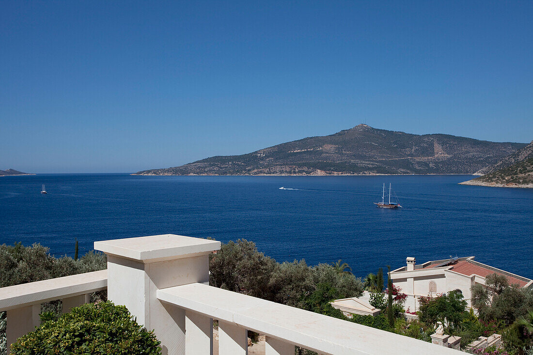 View of Mediterranean sea fro balcony terrace of holiday villa, Republic of Turkey