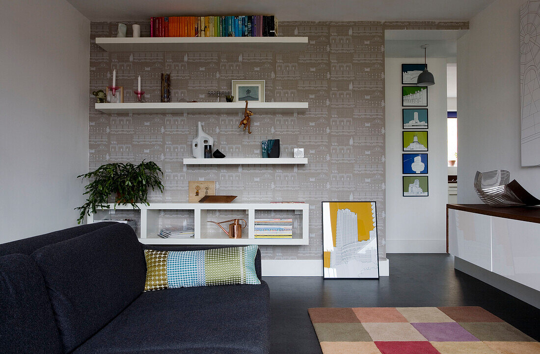 Wall mounted shelving with rug and sofa in London home UK