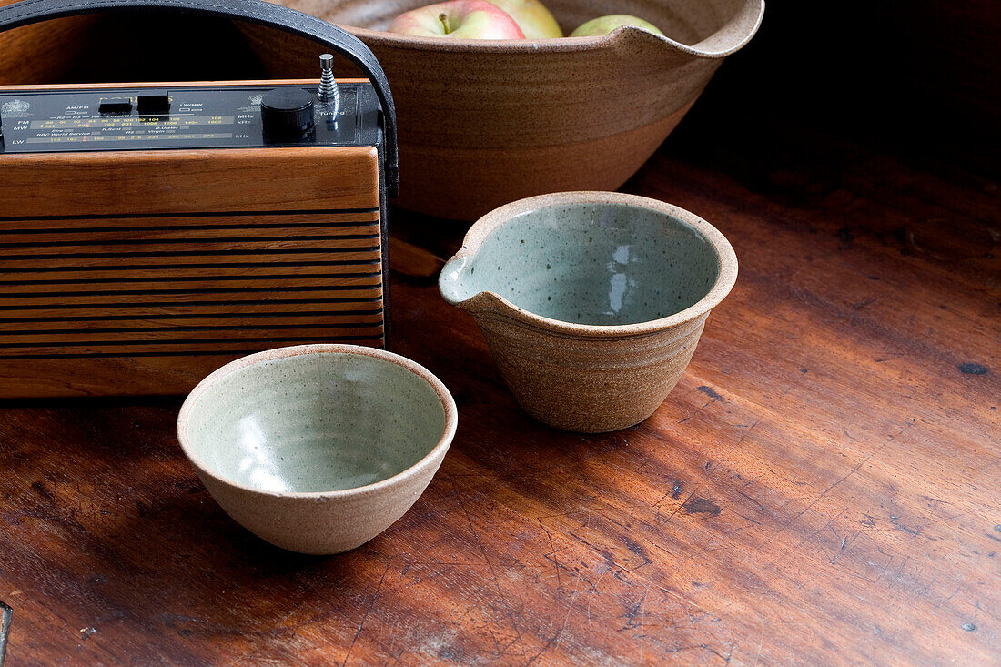 Radio and ceramic bowls London UK