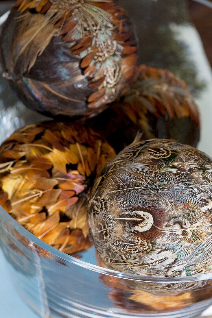 Four ornaments in a glass bowl in a Tyne & Wear home, England, UK