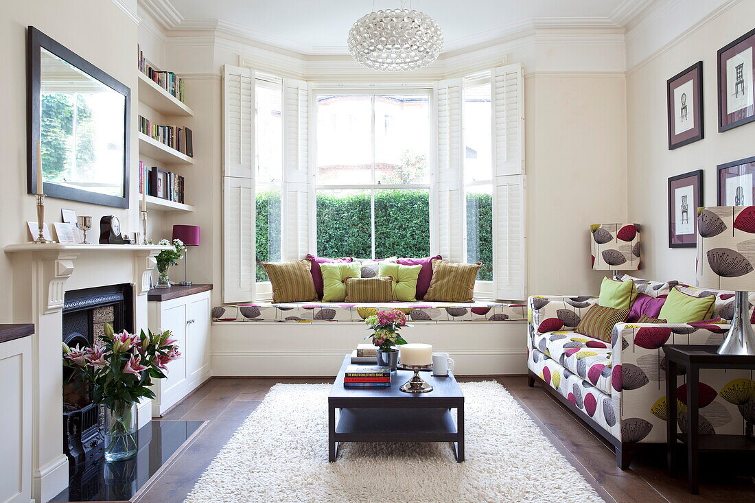 Co-ordinating prints in living room of contemporary London townhouse, England, UK
