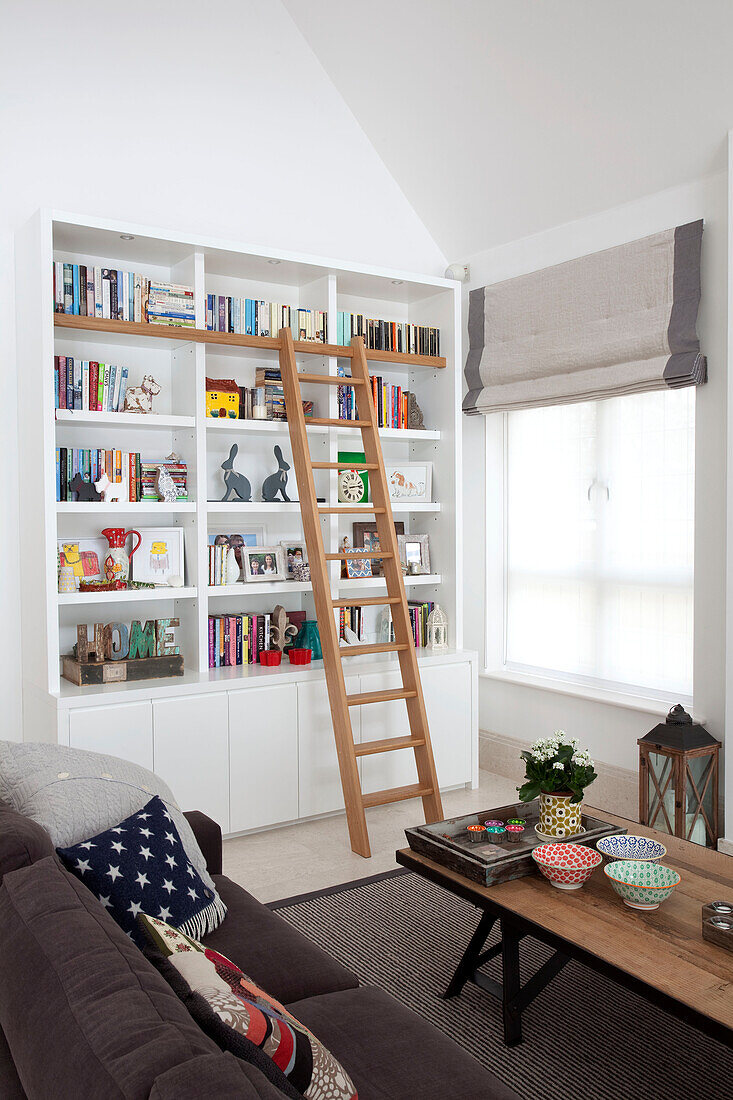 Bookcase storage with access ladder in living room detail of contemporary Surrey country home England UK