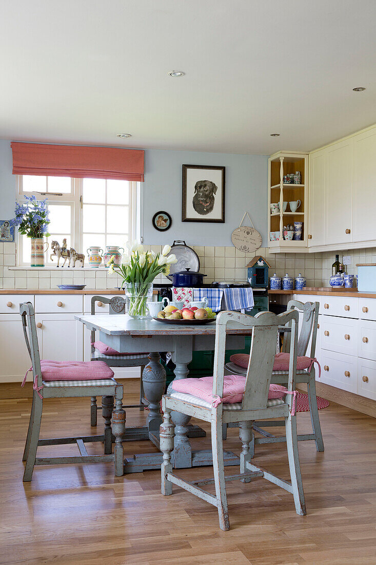 Pink seat cushions on chairs at kitchen table in Sussex home, England, UK