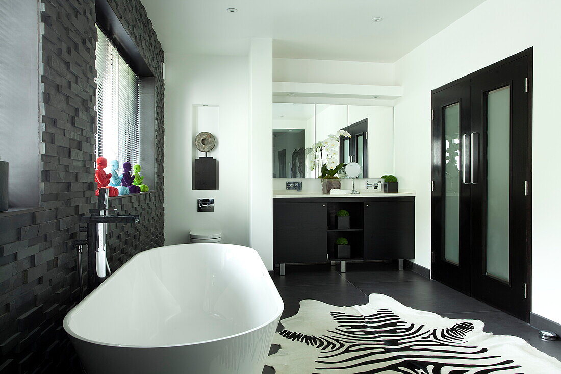Black and white bathroom in contemporary home, Kingston upon Thames, England, UK