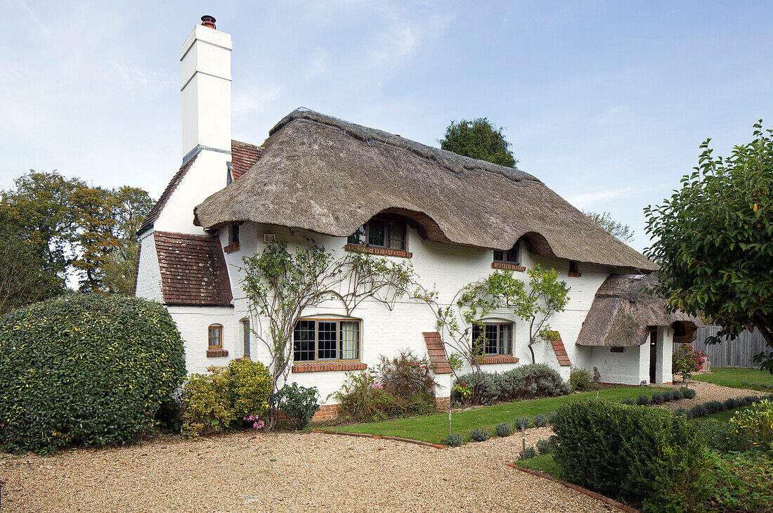 Kiesauffahrt im Vorgarten eines freistehenden reetgedeckten Cottages in Sussex, England, UK