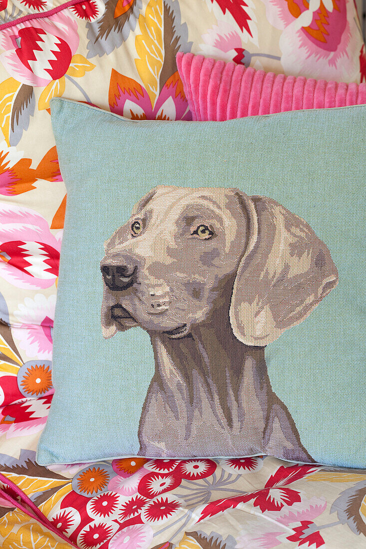 Cushion with dogs head on floral sofa in London townhouse, England, UK