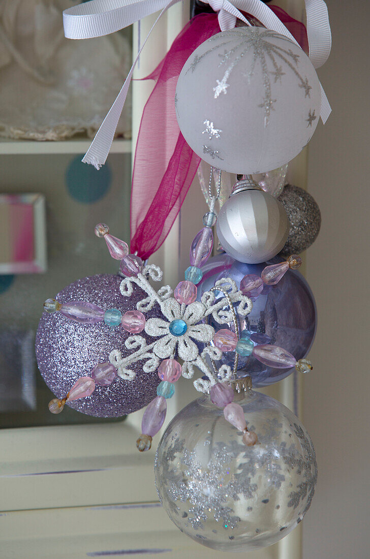 Christmas baubles in Laughton home  Sheffield  UK