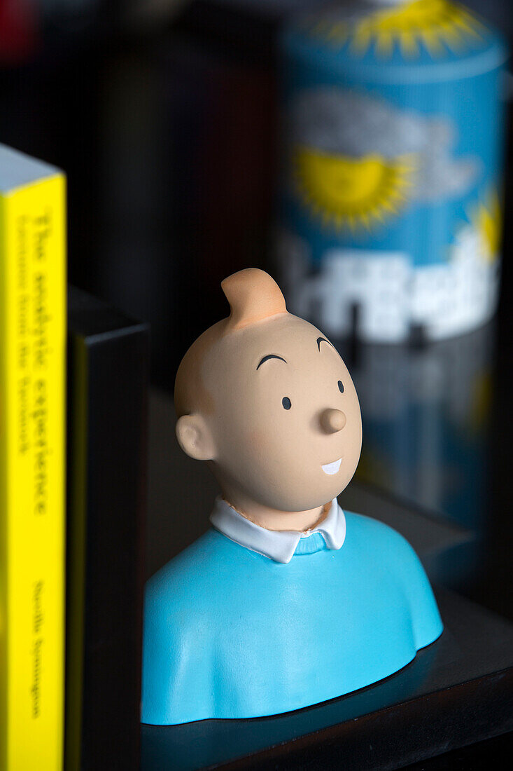 Tim und Struppi-Figur und gelbes Buch in einem Londoner Stadthaus, Großbritannien
