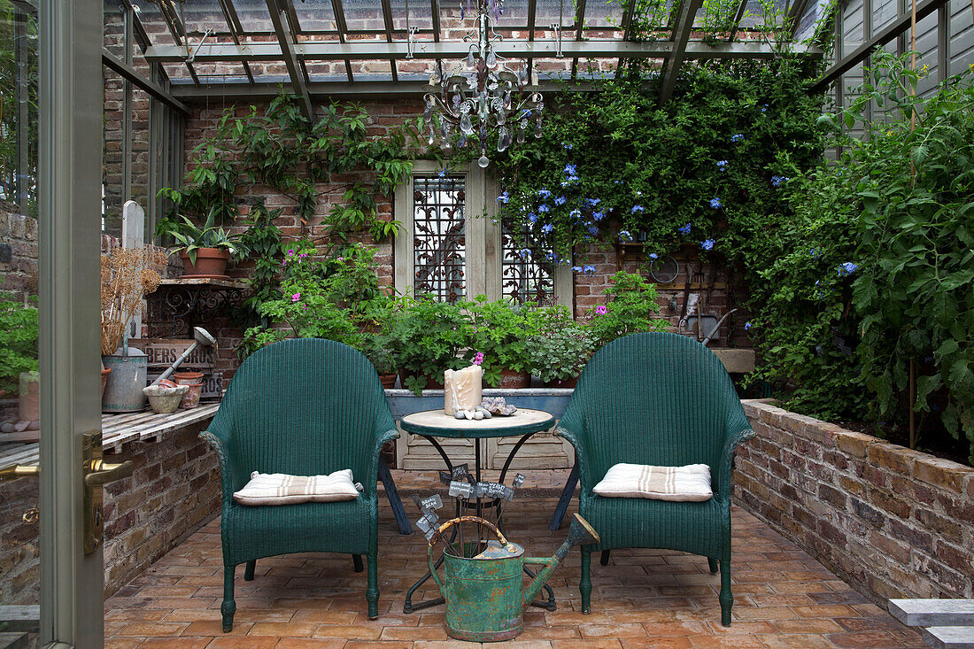 Pair of teal armchairs with watering can in Arundel conservatory West Sussex England UK