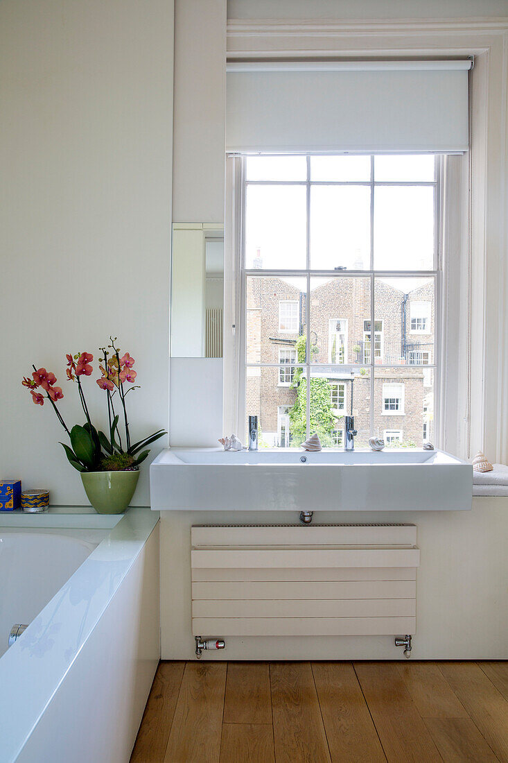 Weißes Waschbecken unter Schiebefenster mit Orchidee im Badezimmer eines Londoner Stadthauses England UK