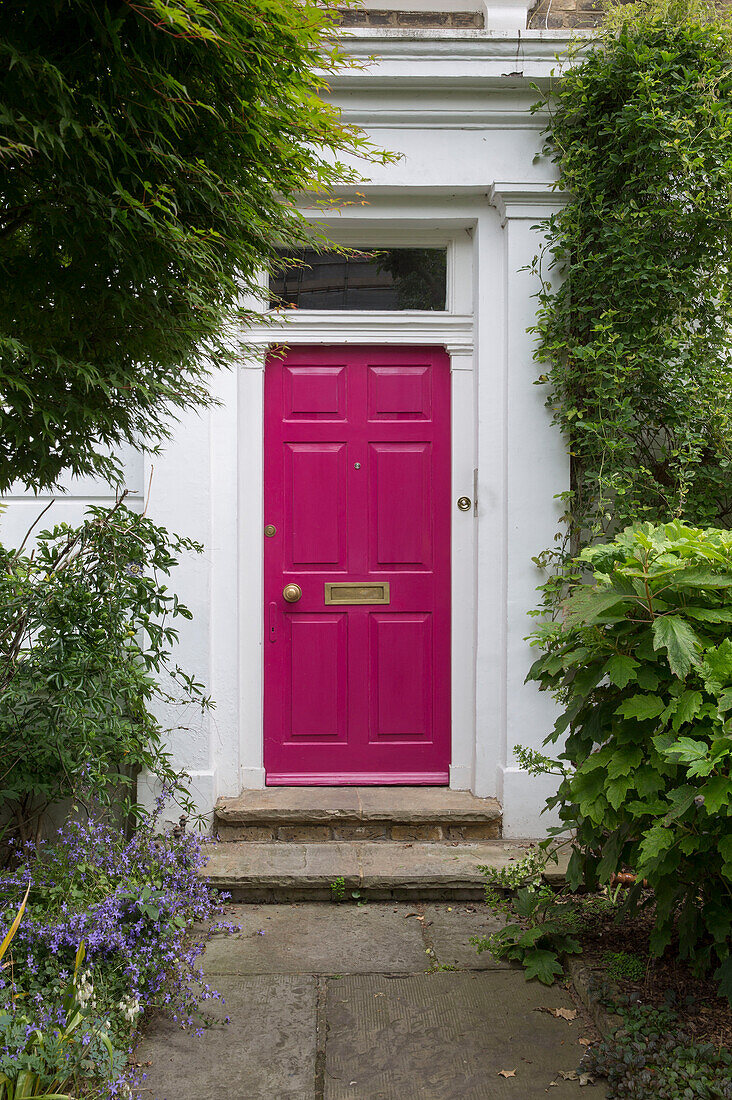 Rosafarbene Eingangstür und Türschwelle eines Londoner Stadthauses UK
