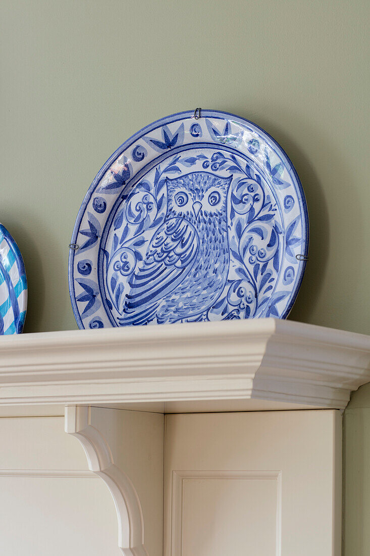 Blauer und weißer Keramikteller mit dekorativer Eule auf einem Regal in einer Küche im Arts-and-Crafts-Stil Sevenoaks Kent UK