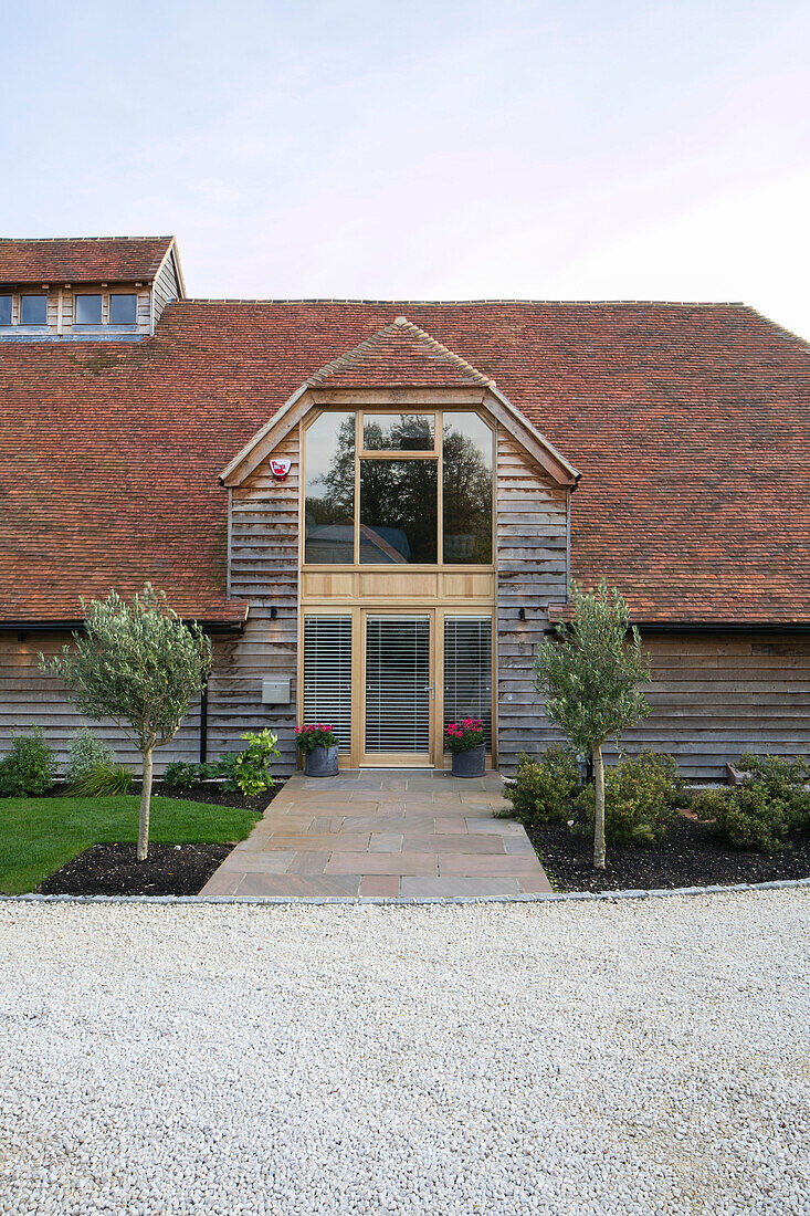 Gekieste Einfahrt mit Olivenbäumen am Eingang einer umgebauten Scheune in Hampshire, UK