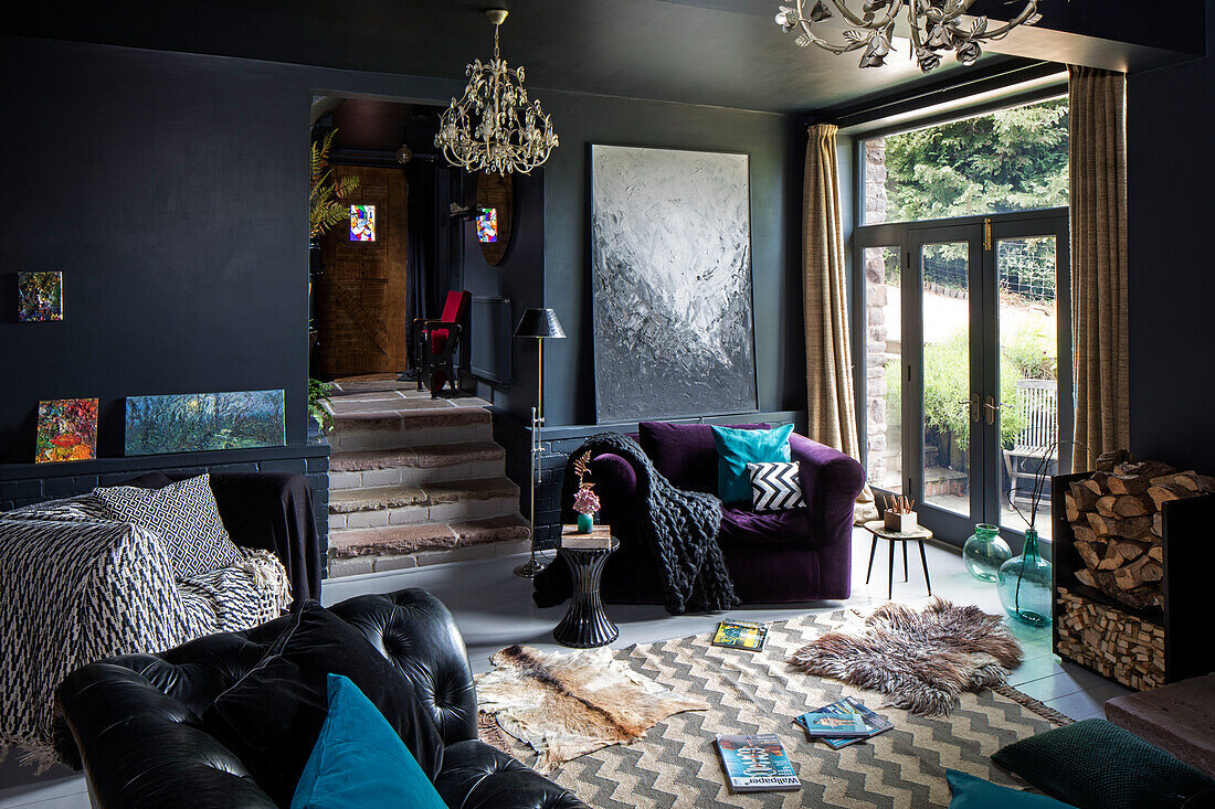 Lila Sessel und goldene Vorhänge in einem geteilten, schwarz gestrichenen Wohnzimmer in einer walisischen Scheune UK