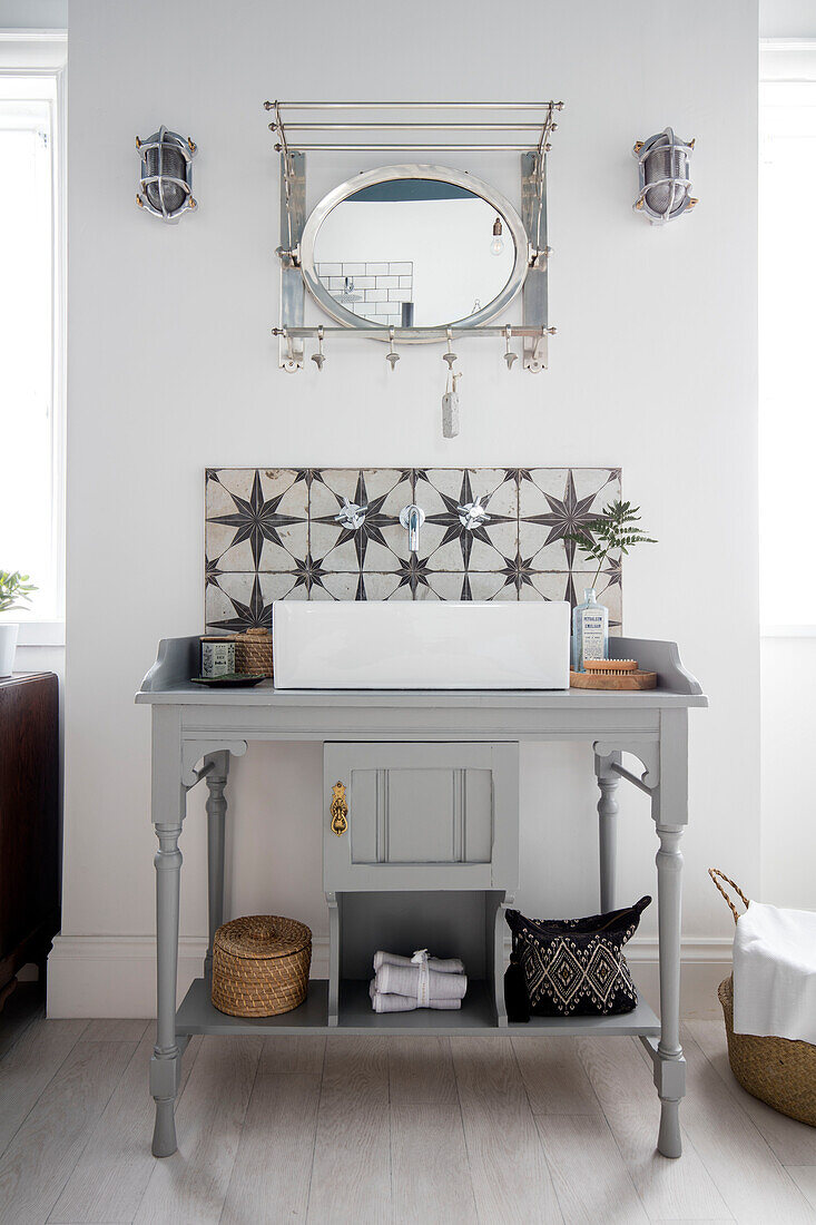 Antique wash stand painted Manor House Gray with Metropolis Star tiles in Cumbrian terrace UK