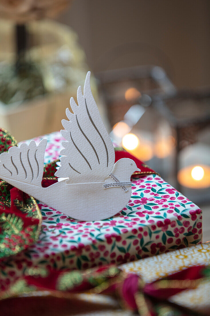 Weiße Taube und Weihnachtsgeschenk in einem Haus in London UK