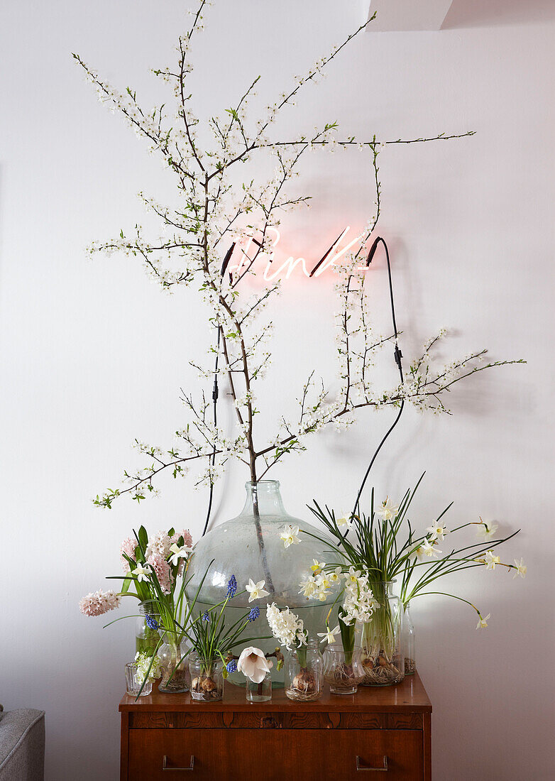 Oster- und Frühlingsblumen in Einmachgläsern und Vase und Neion Pink-Schild an der Wand
