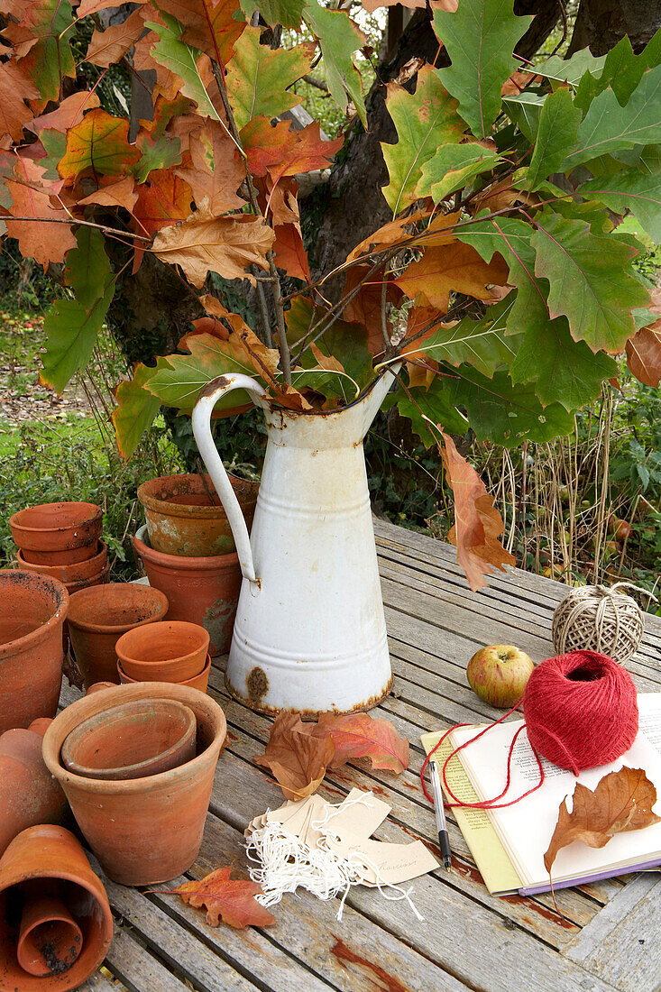 Autumn leaves in metal jug with terracotta flowerpots and string in Isle of Wight garden UK