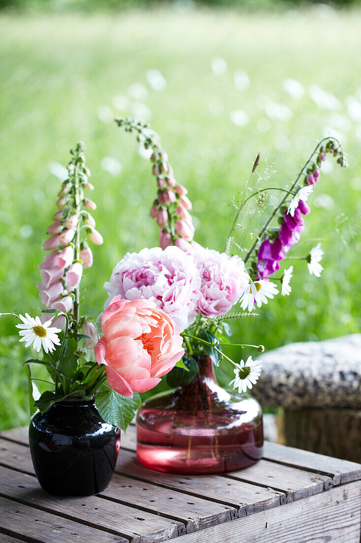 Foxglove picnic vases of flowers