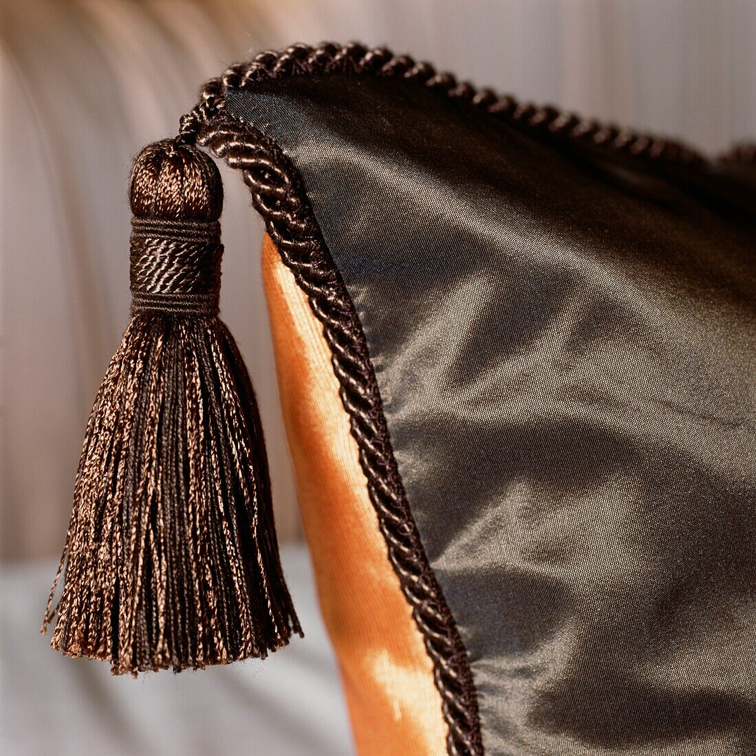 Detail of a brown tassel on a satin cushion