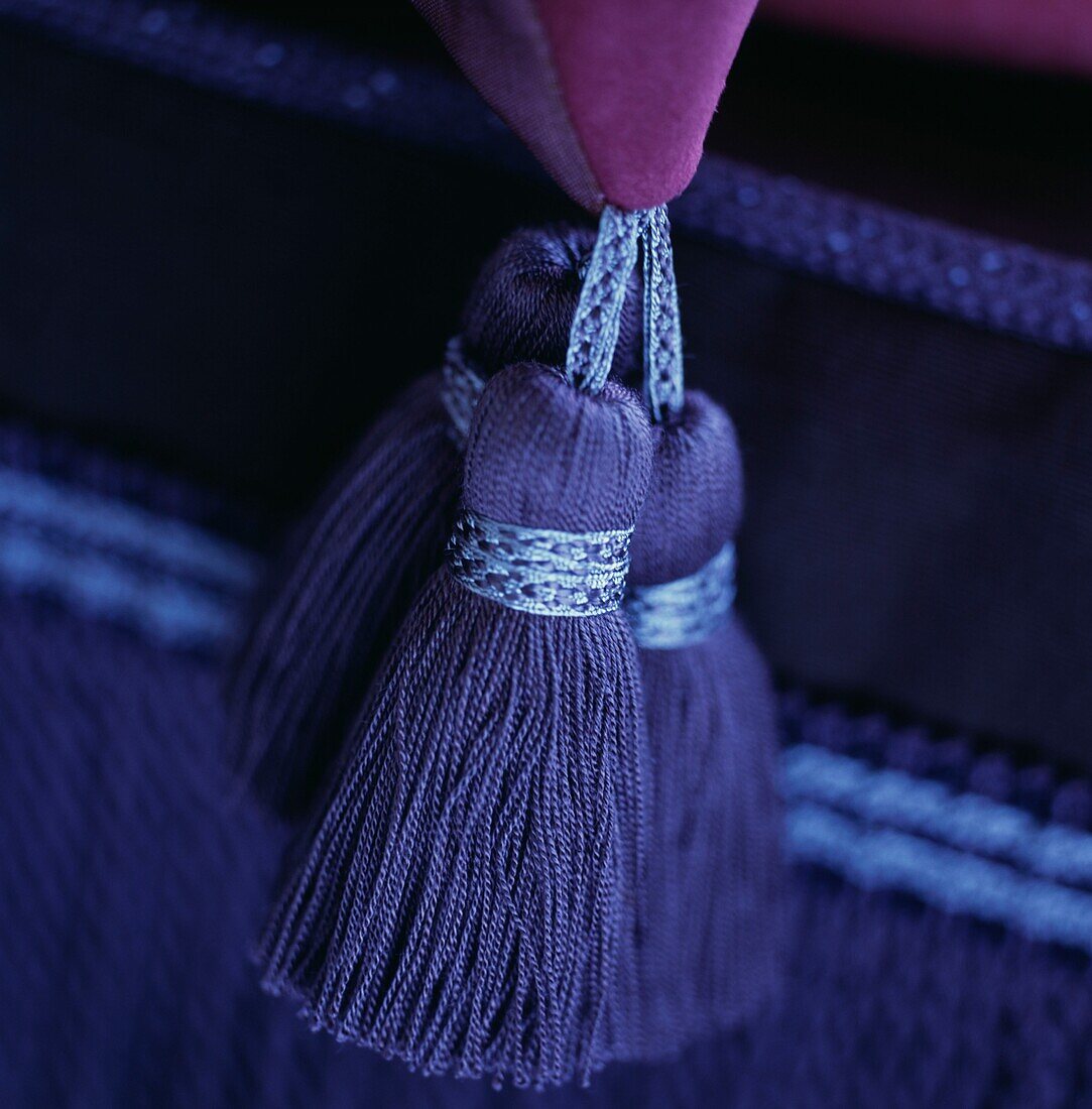 Detail of purple tassels on a cushion