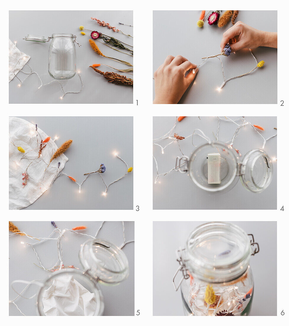 Windlichter aus Einmachglas mit Trockenblumen und Lichterketten gestalten