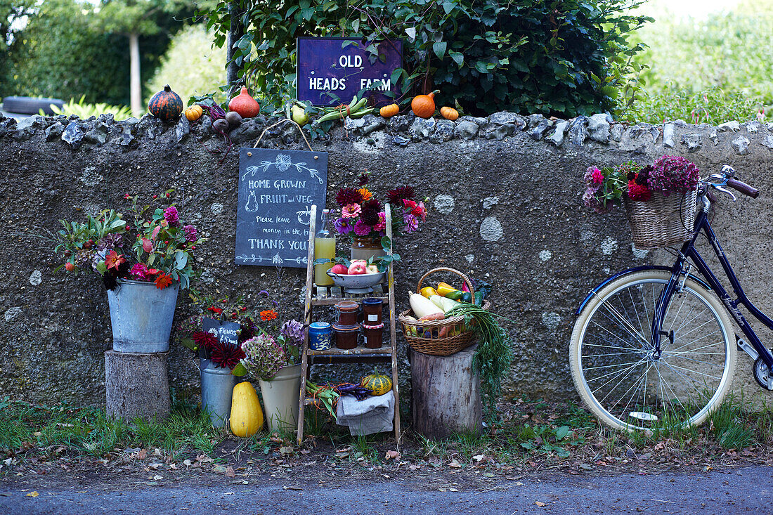 Stall selling vegetables and flowers on the side of a country road with a bicycle