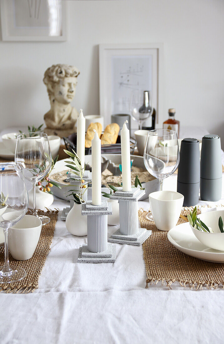 Summer table with DIY candle holder in Grecian style