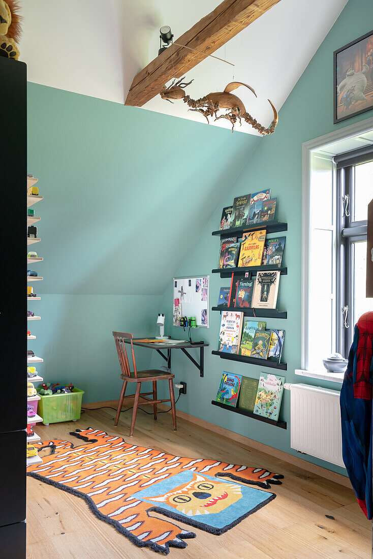 Corner workspace with wall-mounted bookshelves and animal print rug