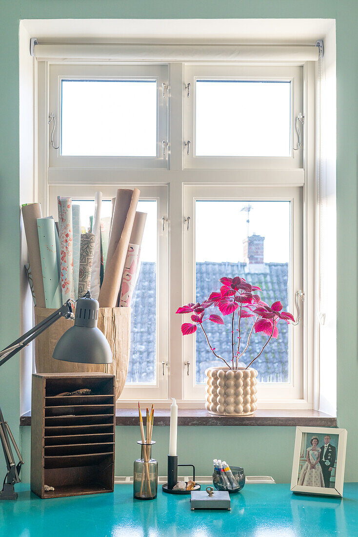 Arbeitsplatz am Fenster, Geschenkpapierrollen und Pflanze